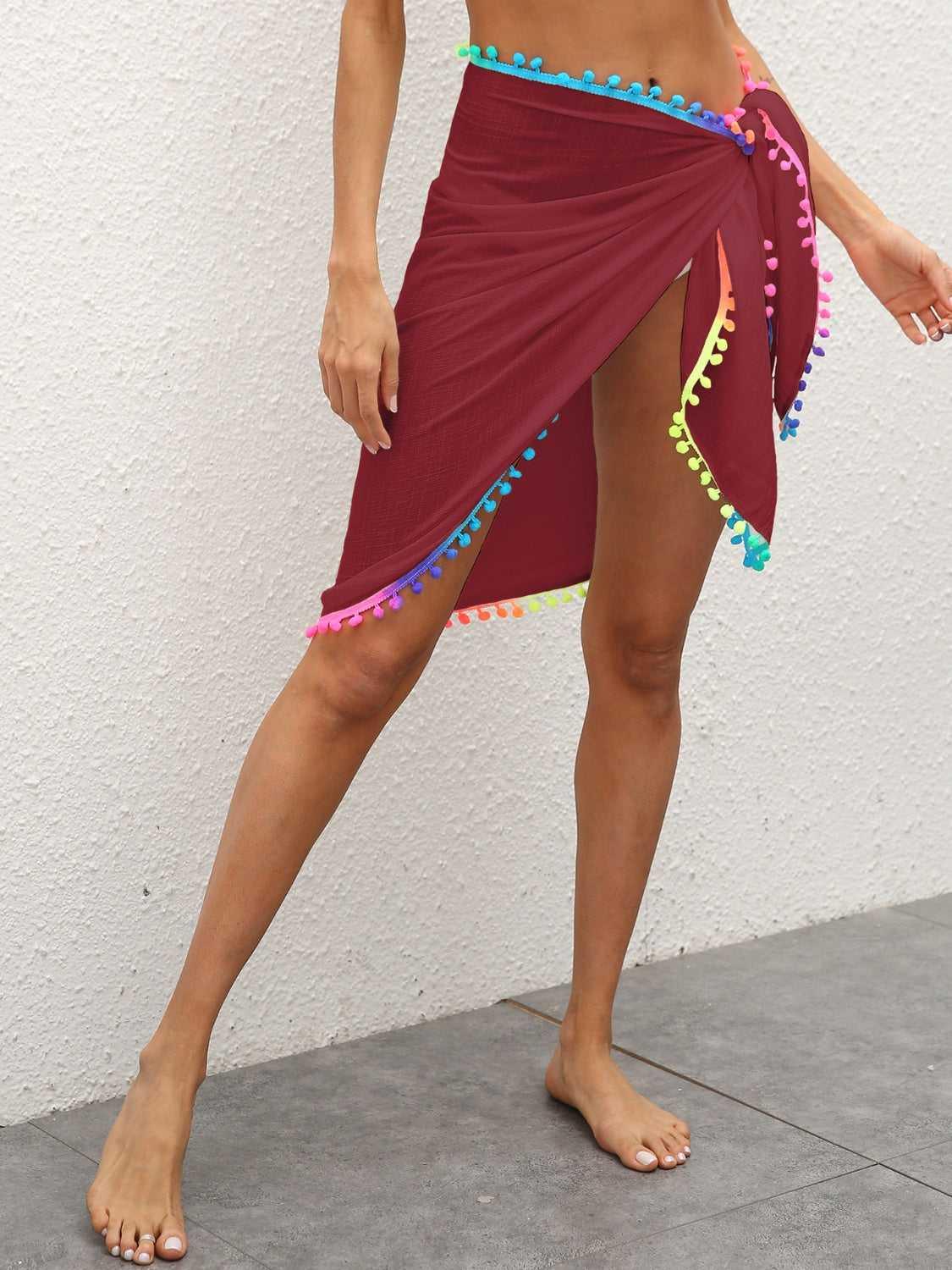 Rainbow Pompom Trim Swim Skirt -- 