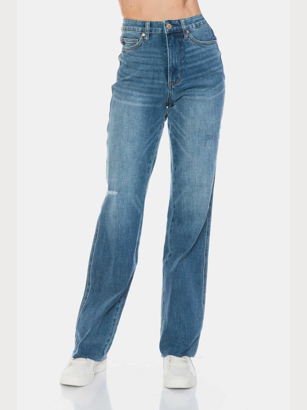 Judy Blue Full Size Tummy Control Cut Raw Hem Straight Jeans -- 
