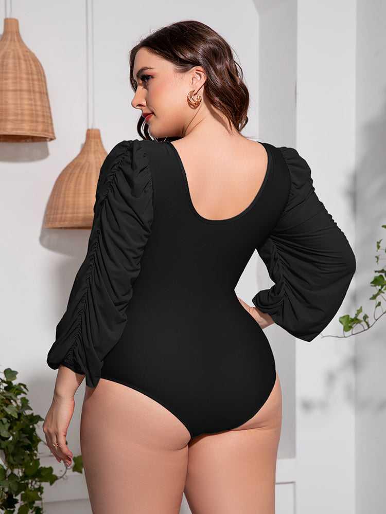 Plus Size Tied Deep V Balloon Sleeve One-Piece Swimsuit -- 