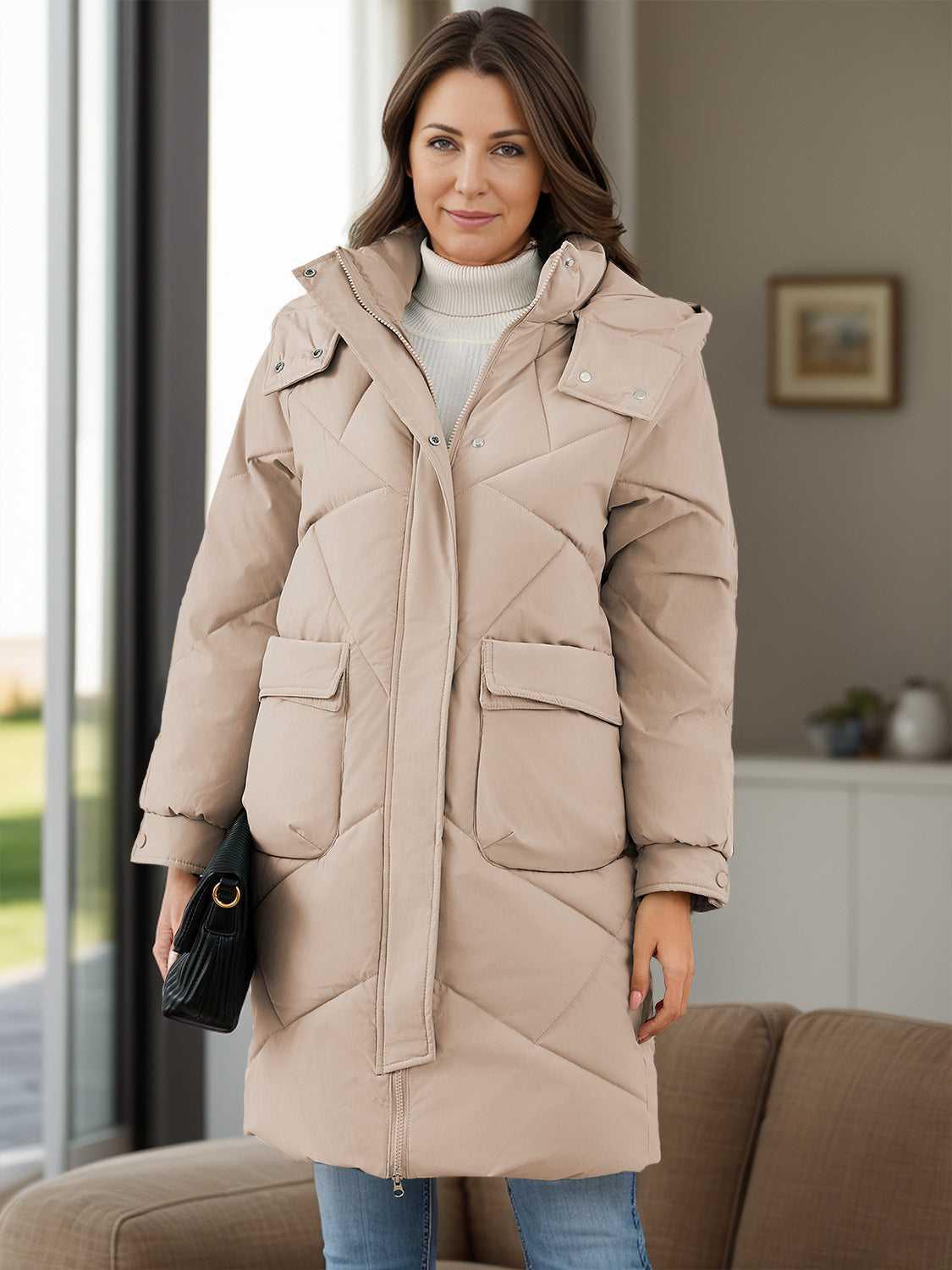 Long Sleeve Longline Hooded Winter Coat with Pockets -- 