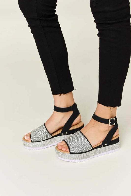Forever Link Rhinestone Buckle Strappy Wedge Sandals - Hopeford Streams