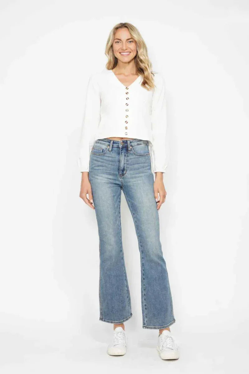 Judy Blue Full Size Tummy Control Back Embroidered Pocketed Bootcut Jeans Plus Size -- 