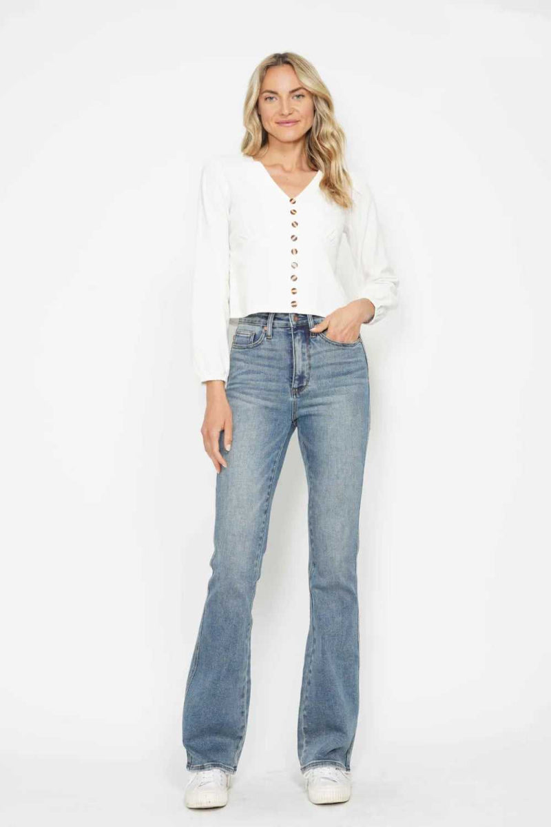 Judy Blue Full Size Tummy Control Back Embroidered Pocketed Bootcut Jeans Plus Size - Hopeford Streams