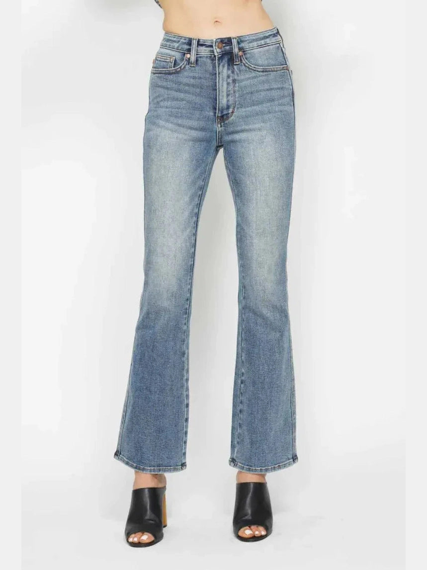 Judy Blue Full Size Tummy Control Back Embroidered Pocketed Bootcut Jeans Plus Size -- 