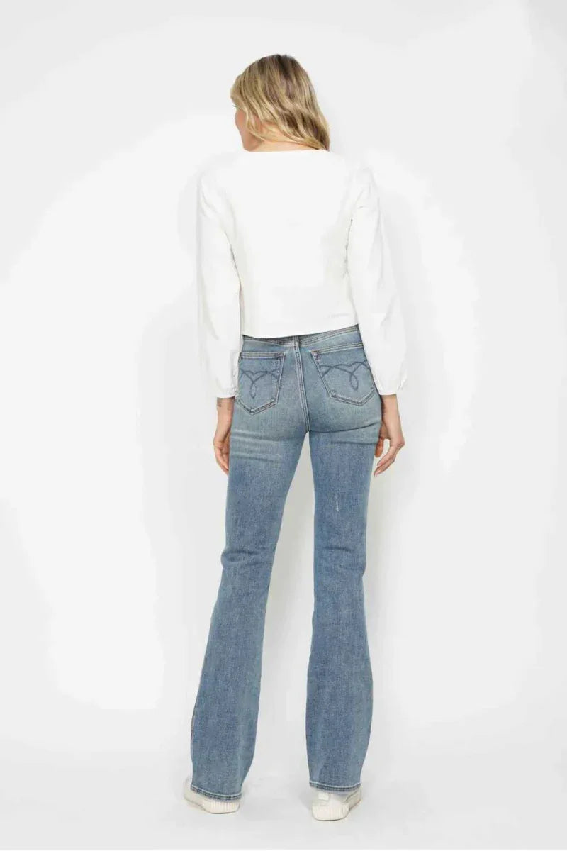 Judy Blue Full Size Tummy Control Back Embroidered Pocketed Bootcut Jeans Plus Size -- 