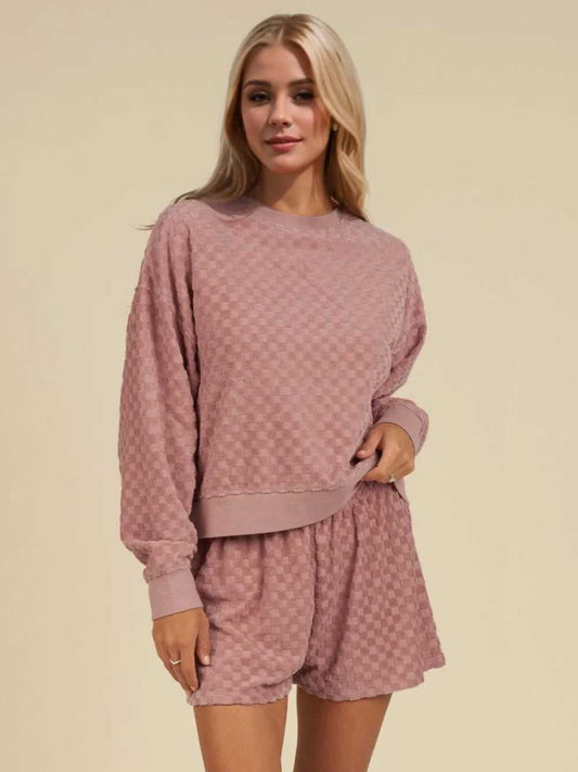 Oh Checkered Round Neck Long Sleeve Top and Shorts Set - Hopeford Streams