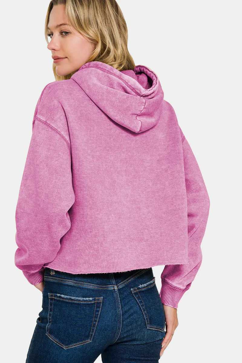 Zenana Acid Wash Fleece Cropped Hoodie - Hopeford Streams