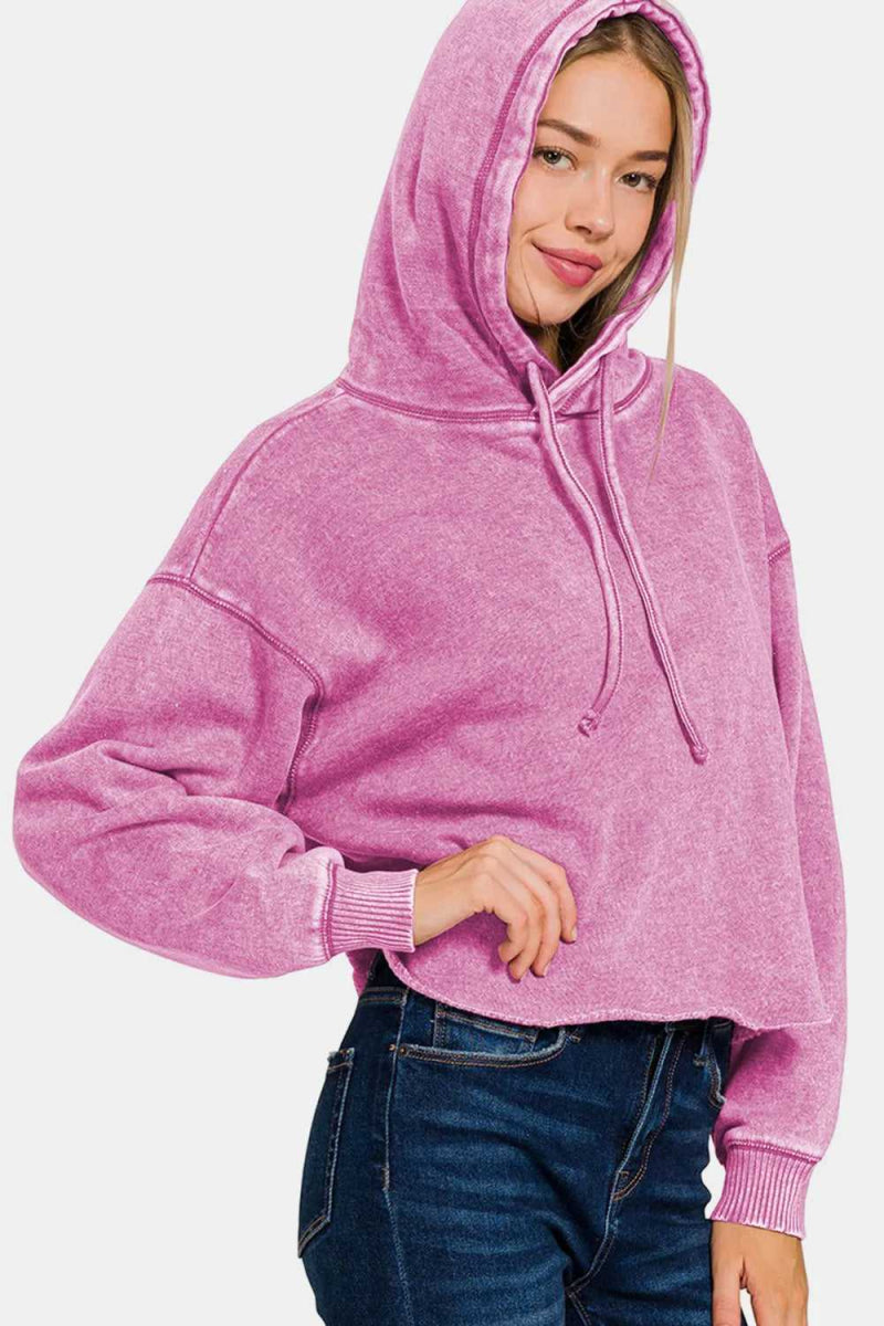Zenana Acid Wash Fleece Cropped Hoodie - Hopeford Streams