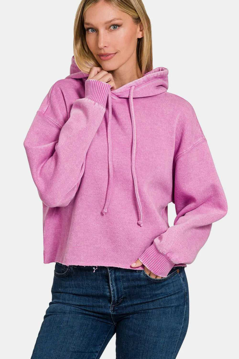 Zenana Acid Wash Fleece Cropped Hoodie - Hopeford Streams