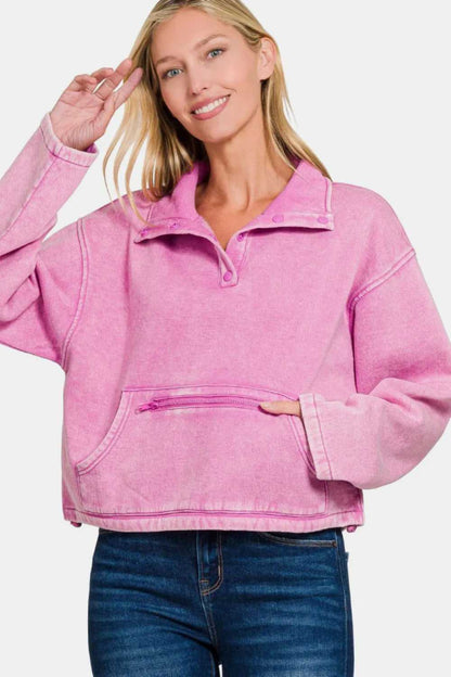 Zenana Acid Wash Fleece Half Snap Sweatshirt with Pocket - Hopeford Streams