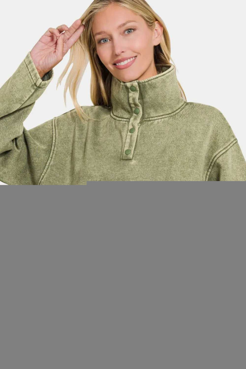Zenana Acid Wash Fleece Half Snap Sweatshirt with Pocket - Hopeford Streams