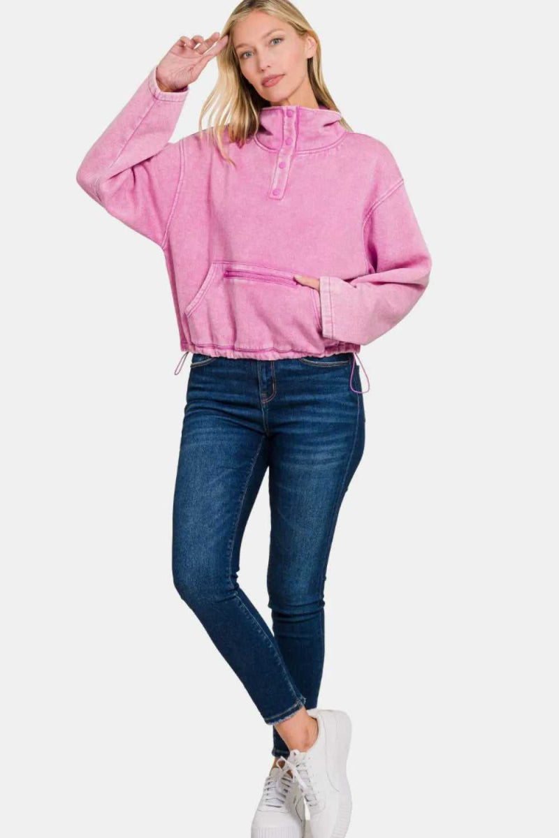Zenana Acid Wash Fleece Half Snap Sweatshirt with Pocket - Hopeford Streams