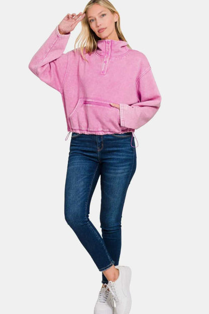 Zenana Acid Wash Fleece Half Snap Sweatshirt with Pocket - Hopeford Streams