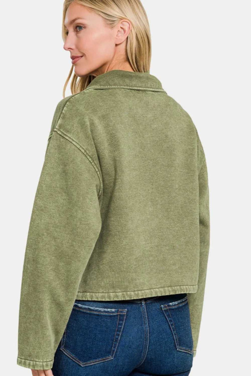 Zenana Acid Wash Fleece Half Snap Sweatshirt with Pocket - Hopeford Streams