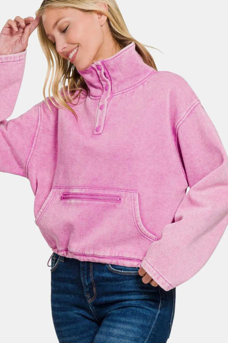 Zenana Acid Wash Fleece Half Snap Sweatshirt with Pocket - Hopeford Streams