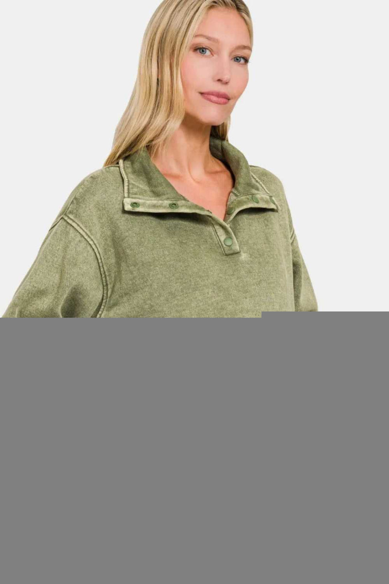 Zenana Acid Wash Fleece Half Snap Sweatshirt with Pocket - Hopeford Streams