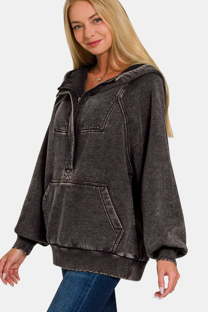 Zenana Acid Wash Fleece Kangaroo Hoodie - Hopeford Streams