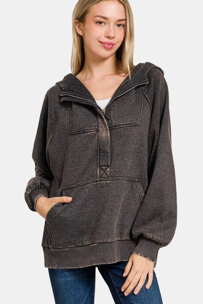 Zenana Acid Wash Fleece Kangaroo Hoodie - Hopeford Streams