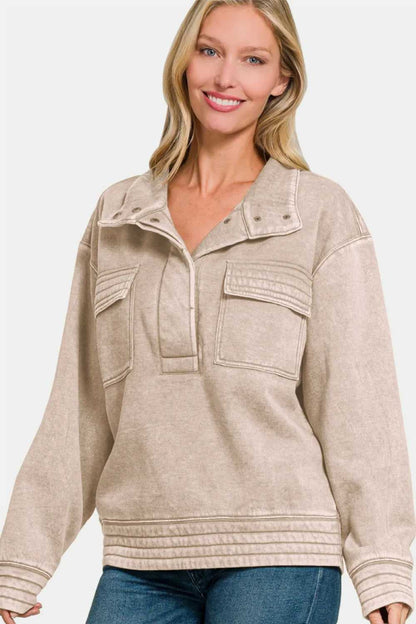 Zenana Acid Washed Half Snap Fleece Sweatshirt - Hopeford Streams