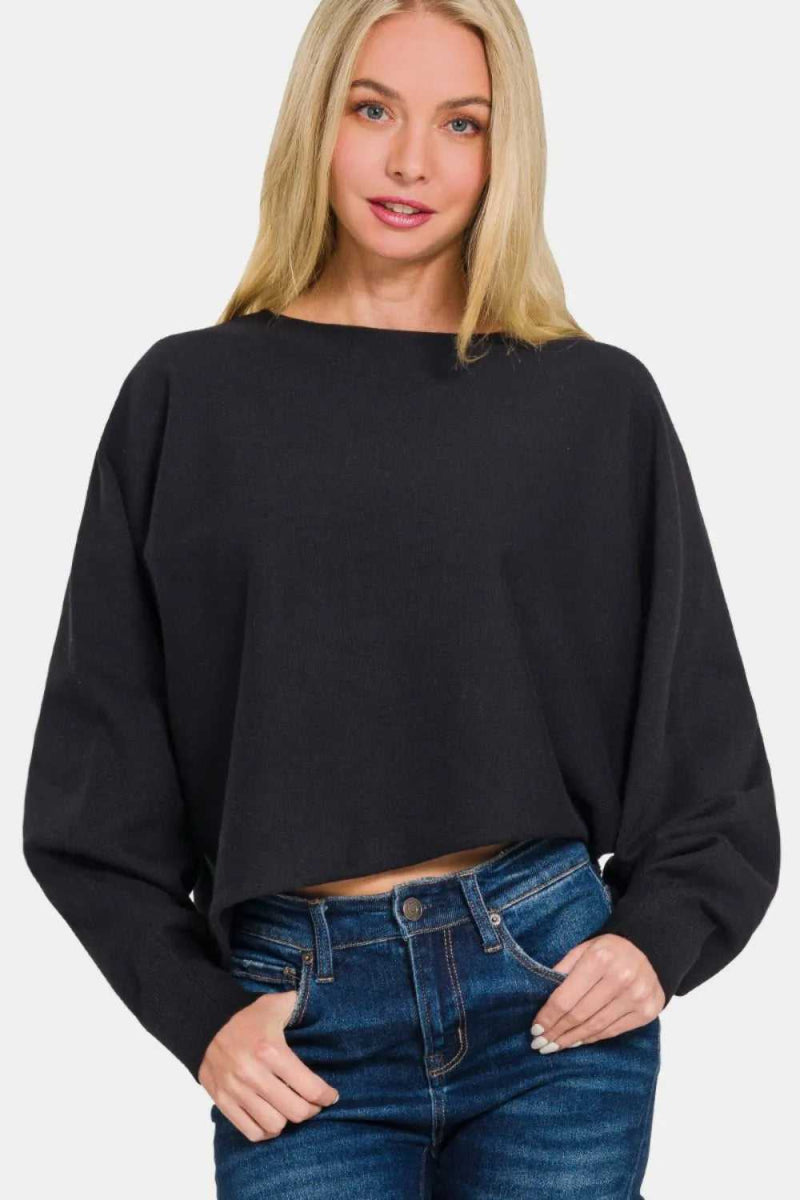 Zenana Asymmetric Hem Long Sleeve Sweater - Hopeford Streams