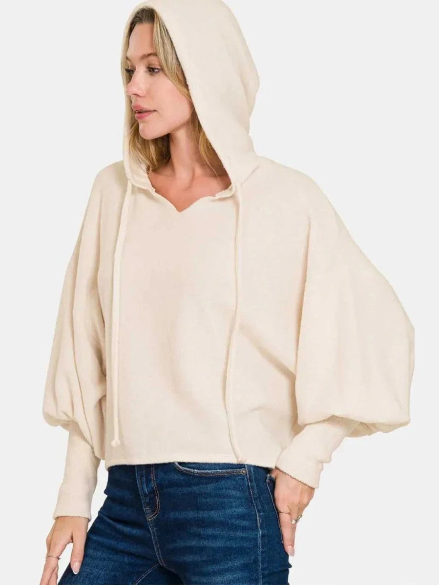 Zenana Brushed Hacci Drop Shoulder Cropped Hoodie -- 