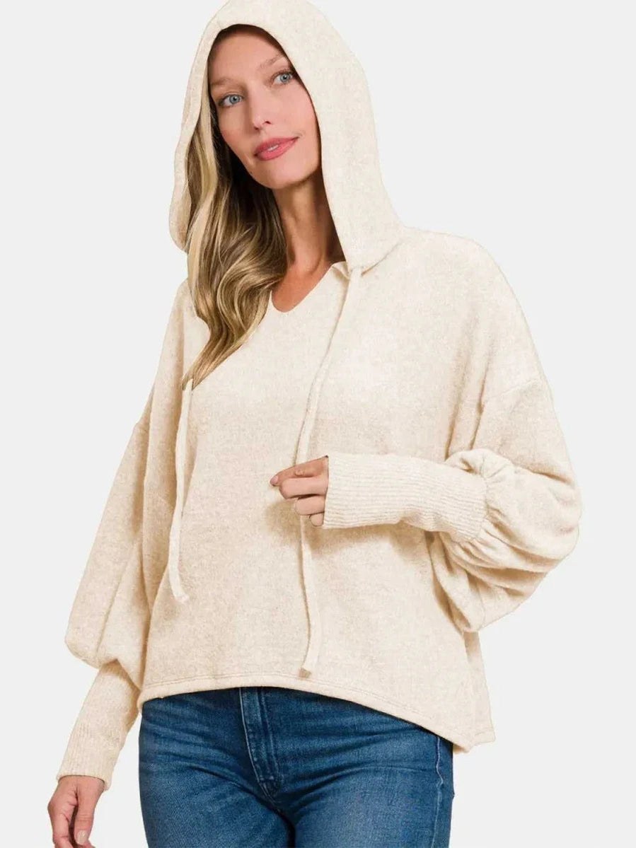 Zenana Brushed Hacci Drop Shoulder Cropped Hoodie -- 