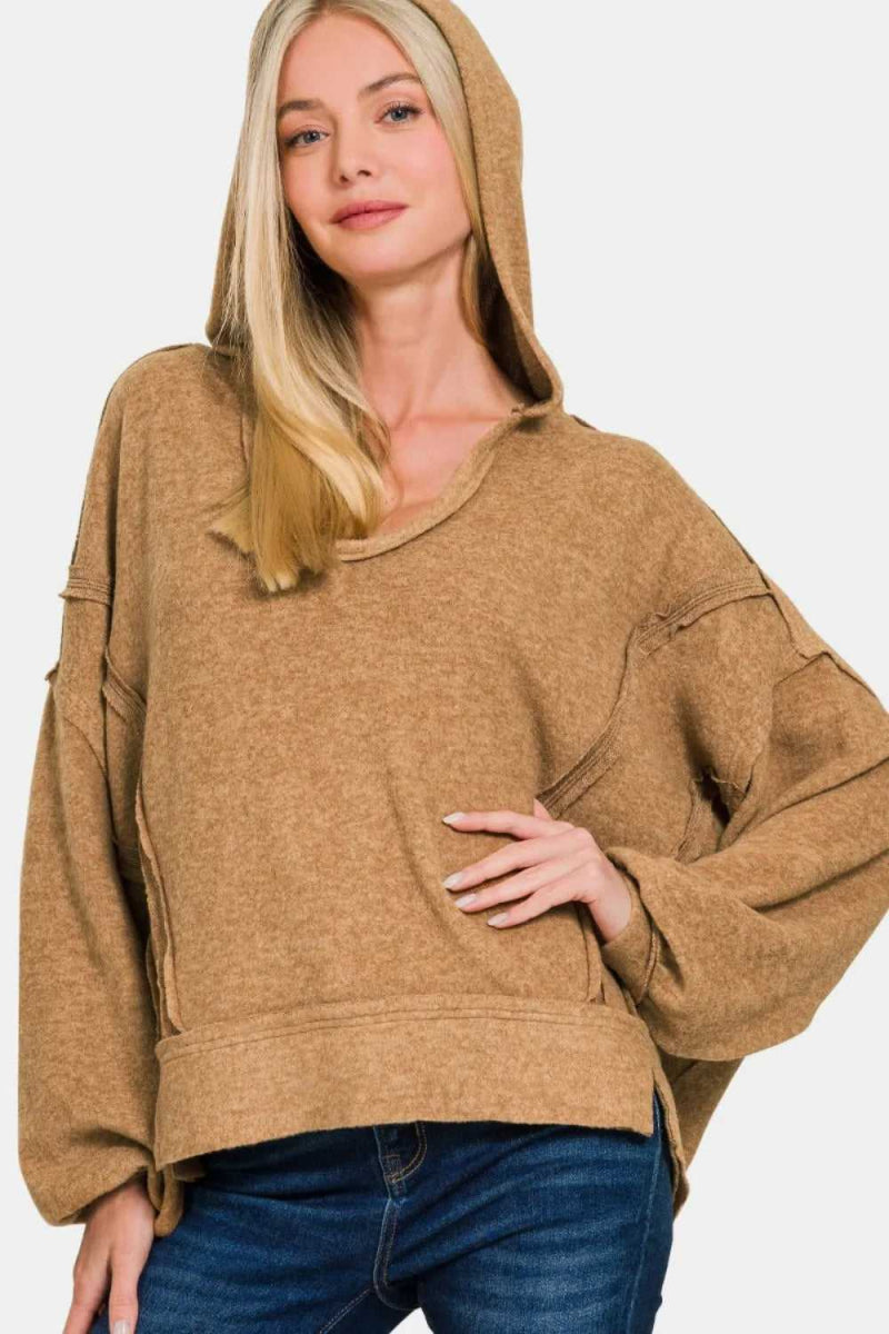 Zenana Brushed Hacci Exposed Seam Hoodie - Hopeford Streams