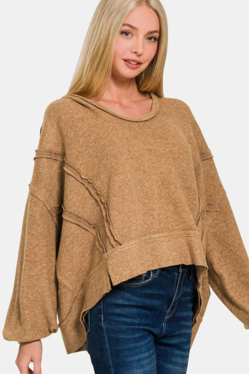 Zenana Brushed Hacci Exposed Seam Hoodie - Hopeford Streams