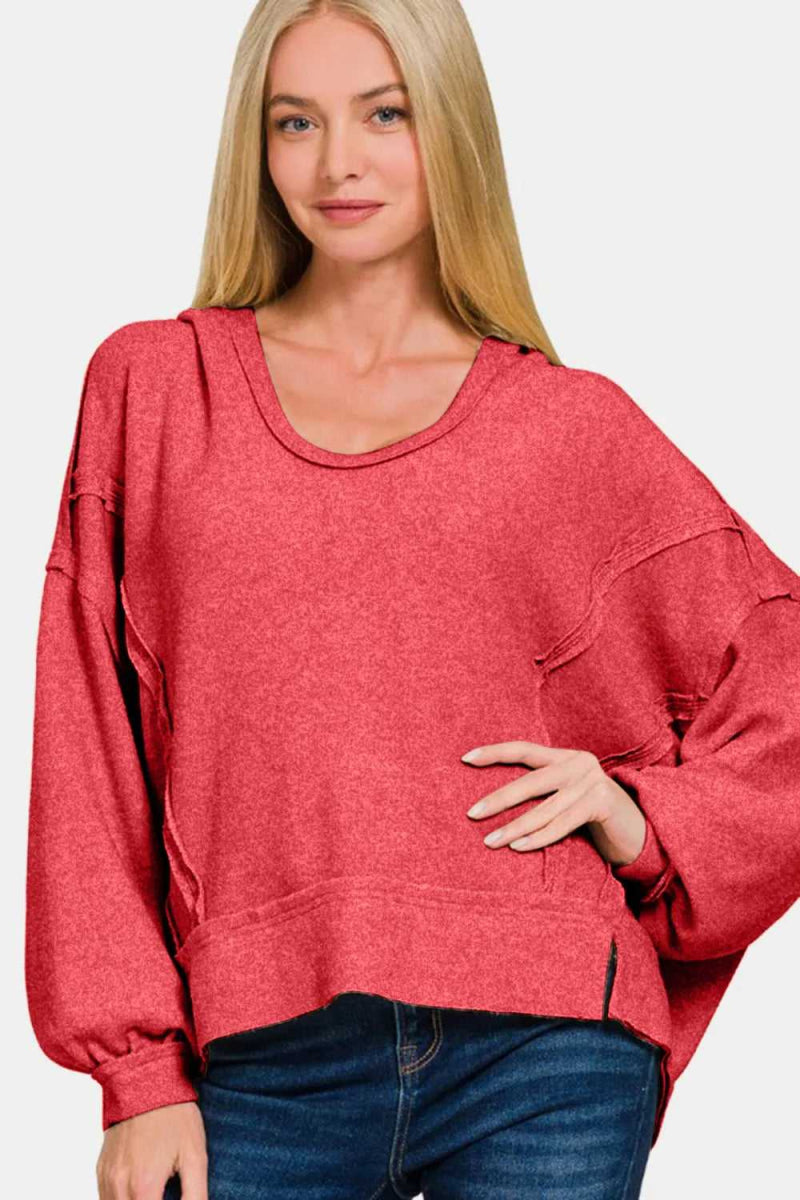 Zenana Brushed Hacci Exposed Seam Hoodie - Hopeford Streams
