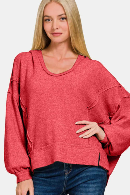 Zenana Brushed Hacci Exposed Seam Hoodie - Hopeford Streams