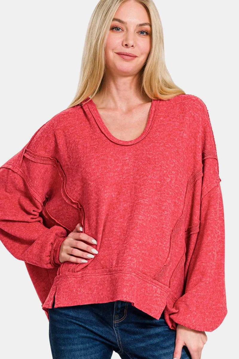 Zenana Brushed Hacci Exposed Seam Hoodie - Hopeford Streams