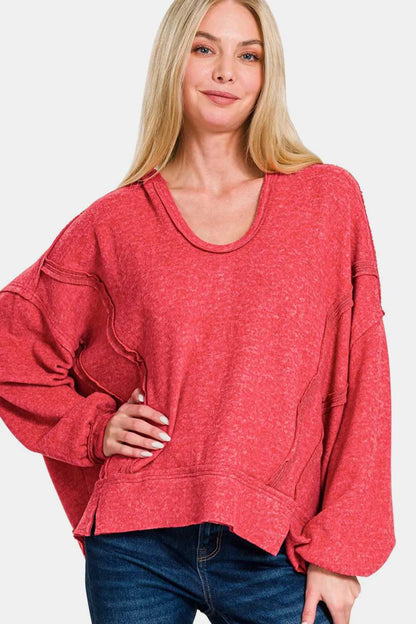 Zenana Brushed Hacci Exposed Seam Hoodie - Hopeford Streams