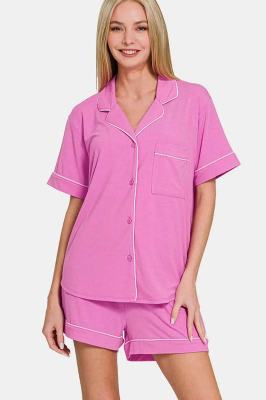 Zenana Button Down Short Sleeve Top and Shorts Lounge Set - Hopeford Streams