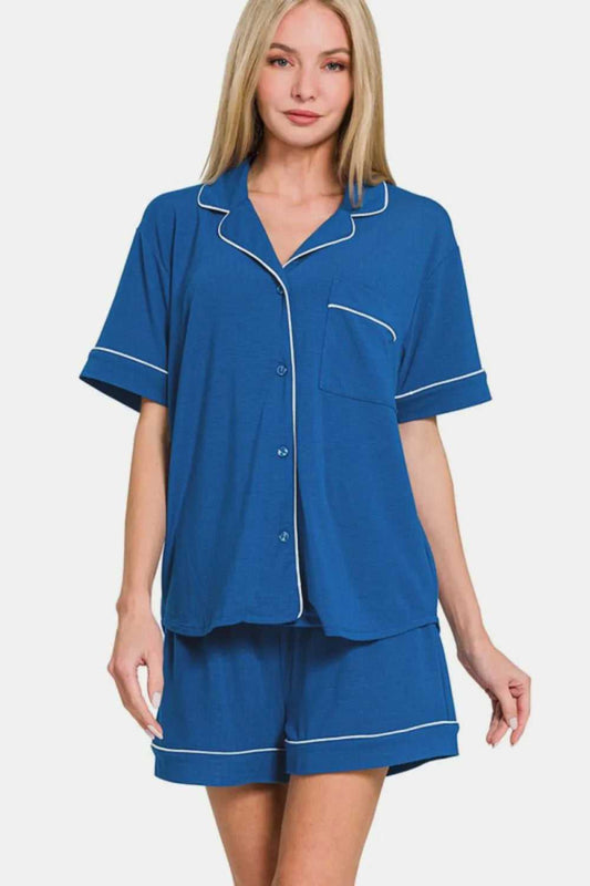 Zenana Button Down Short Sleeve Top and Shorts Lounge Set - Hopeford Streams