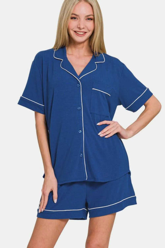 Zenana Button Down Short Sleeve Top and Shorts Lounge Set - Hopeford Streams