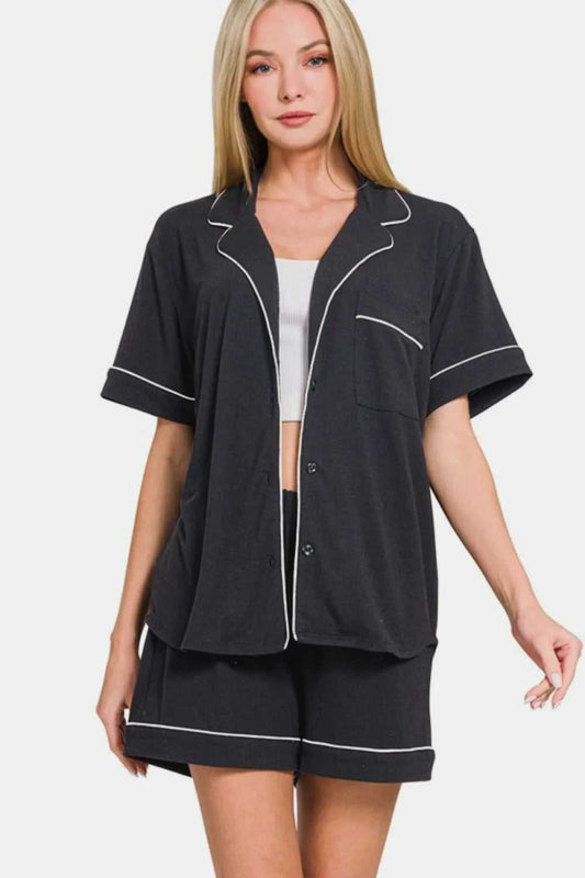 Zenana Button Down Short Sleeve Top and Shorts Lounge Set - Hopeford Streams