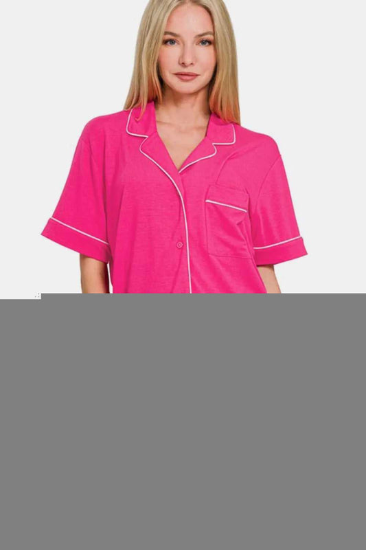 Zenana Button Down Short Sleeve Top and Shorts Lounge Set - Hopeford Streams