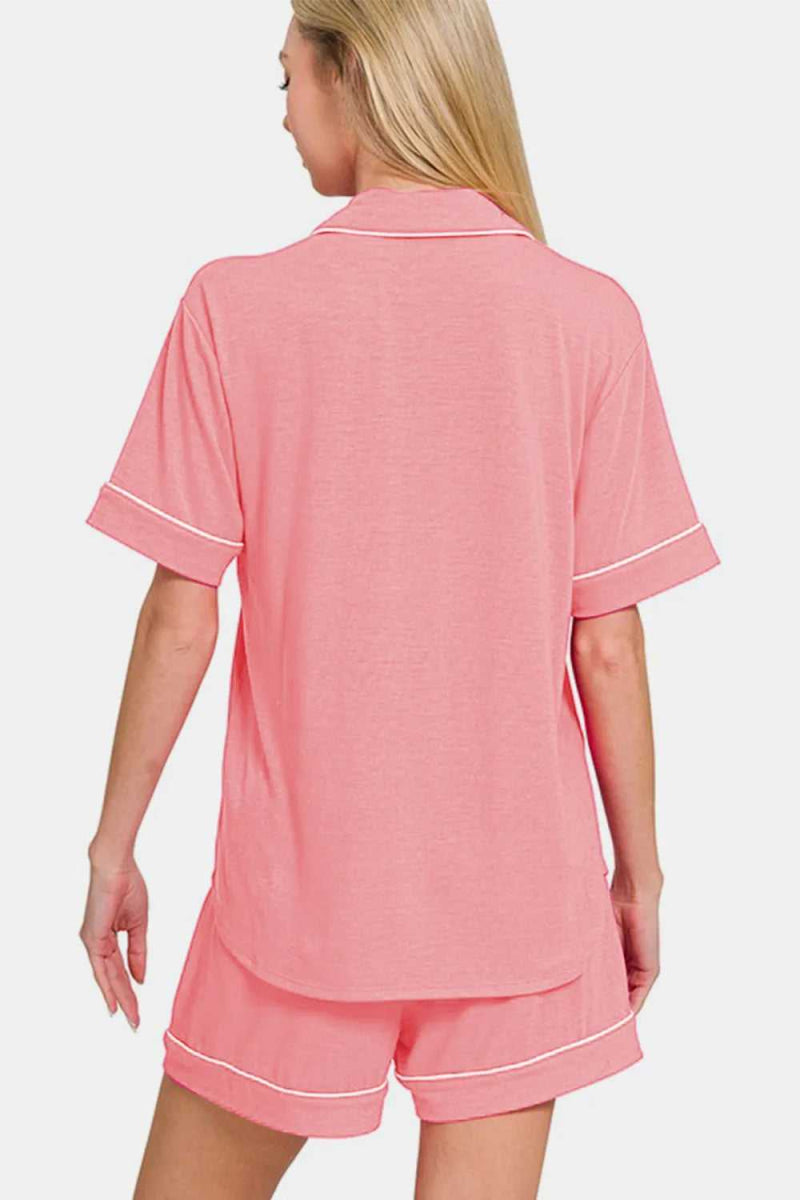 Zenana Button Down Short Sleeve Top and Shorts Lounge Set - Hopeford Streams