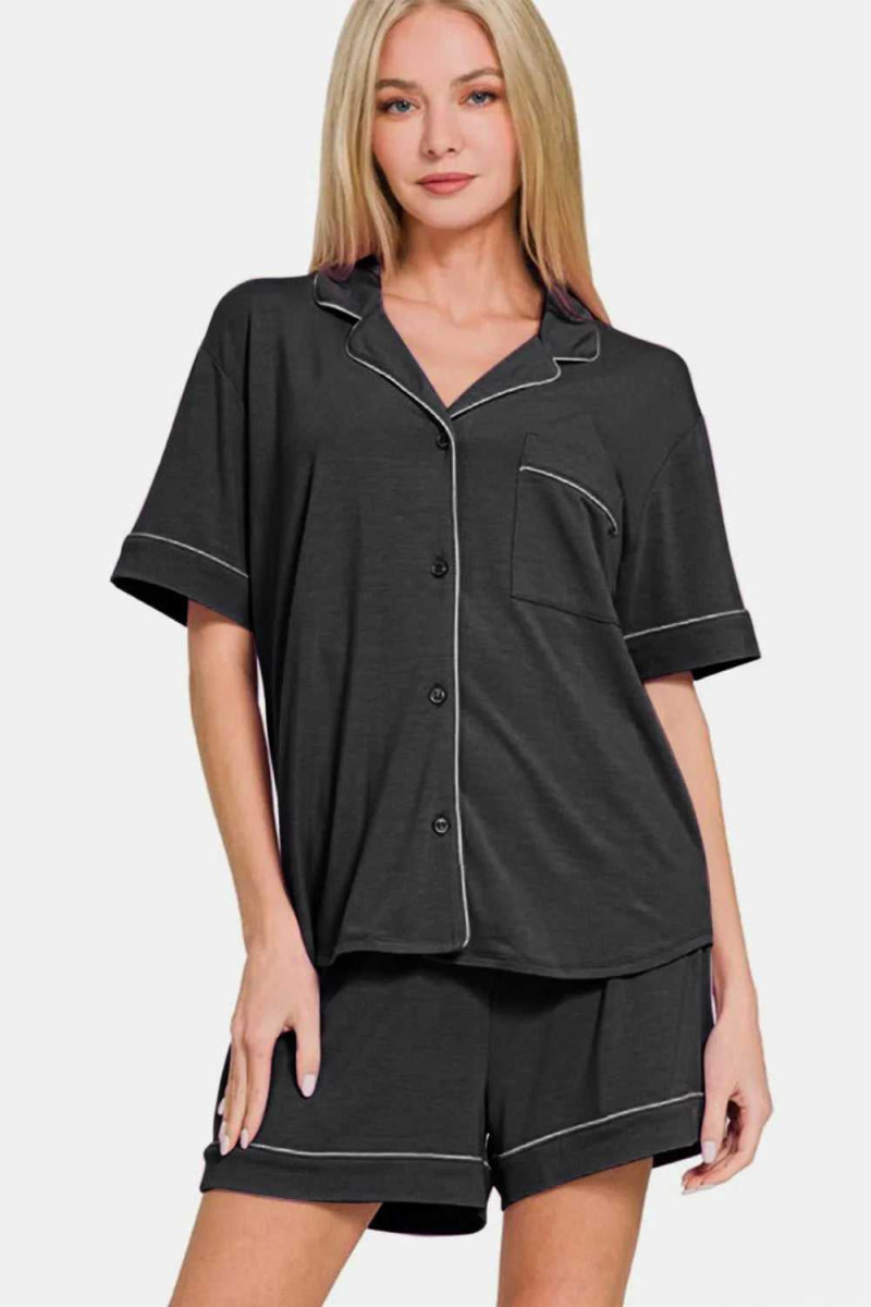 Zenana Button Down Short Sleeve Top and Shorts Lounge Set - Hopeford Streams