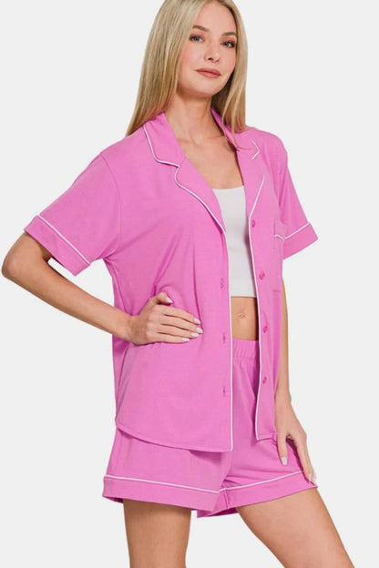 Zenana Button Down Short Sleeve Top and Shorts Lounge Set - Hopeford Streams