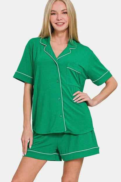 Zenana Button Down Short Sleeve Top and Shorts Lounge Set - Hopeford Streams