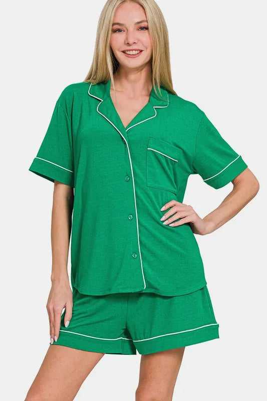 Zenana Button Down Short Sleeve Top and Shorts Lounge Set - Hopeford Streams