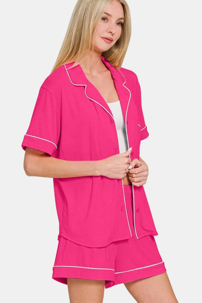 Zenana Button Down Short Sleeve Top and Shorts Lounge Set - Hopeford Streams