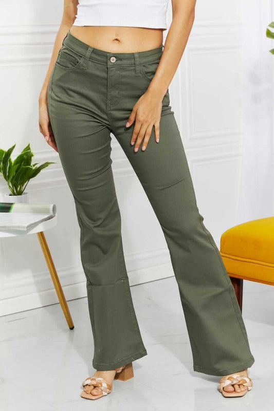 Zenana Clementine Full Size High - Rise Bootcut Jeans in Olive - Hopeford Streams
