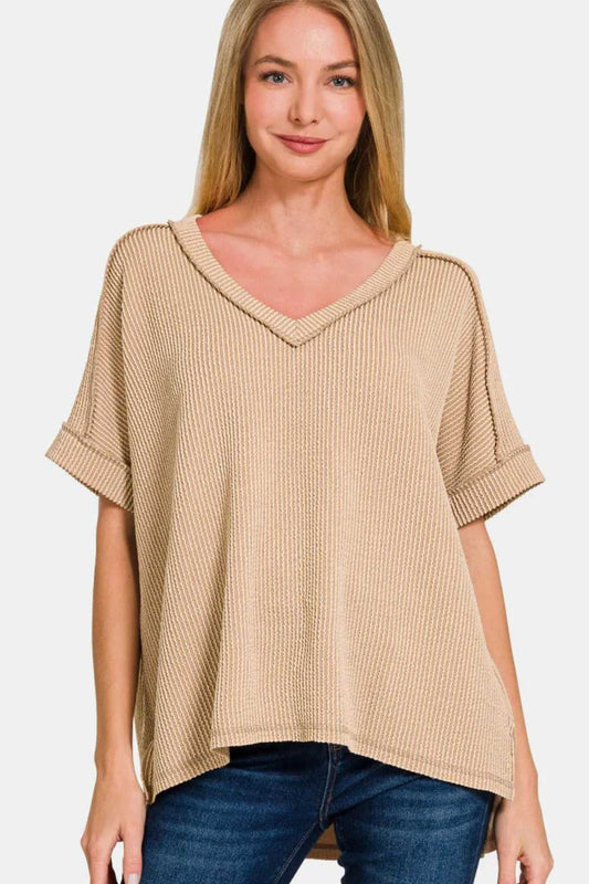 Zenana Corded Rib Short Sleeve High - Low T-Shirt - Hopeford Streams