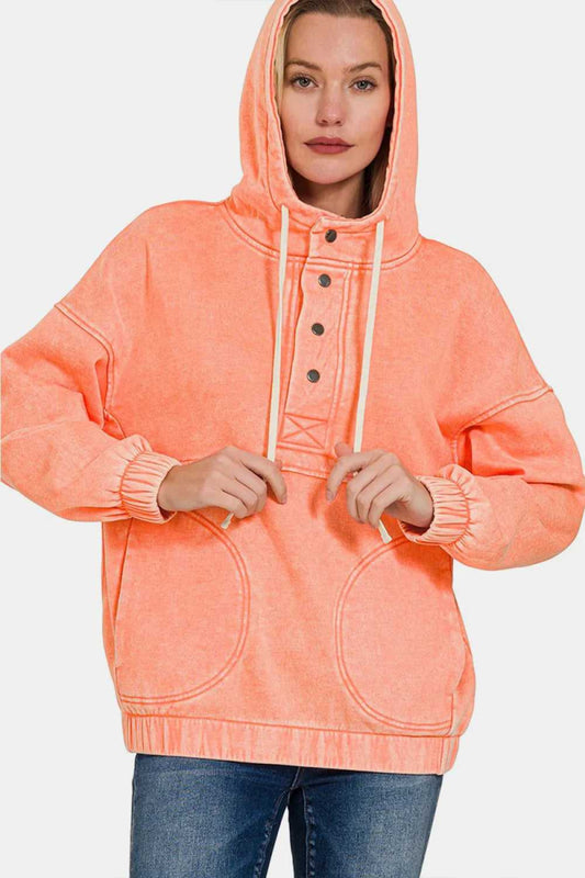 Zenana Drawstring Half Snap Dropped Shoulder Hoodie - Hopeford Streams