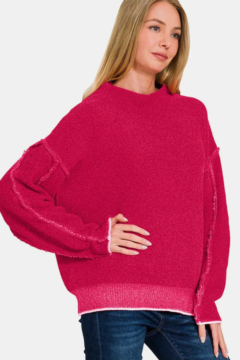 Zenana Exposed Seam Mock Neck Long Sleeve Sweater - Hopeford Streams