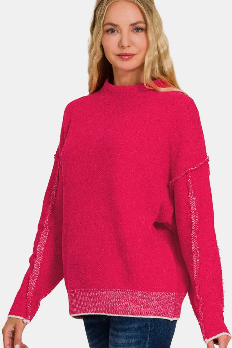 Zenana Exposed Seam Mock Neck Long Sleeve Sweater - Hopeford Streams