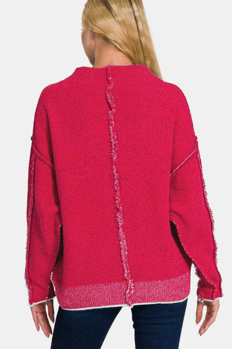 Zenana Exposed Seam Mock Neck Long Sleeve Sweater - Hopeford Streams