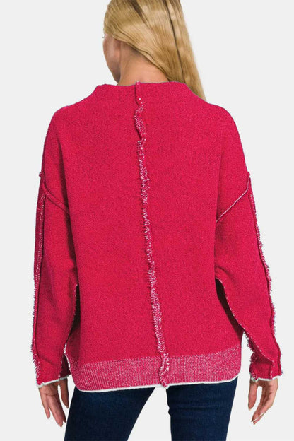 Zenana Exposed Seam Mock Neck Long Sleeve Sweater - Hopeford Streams